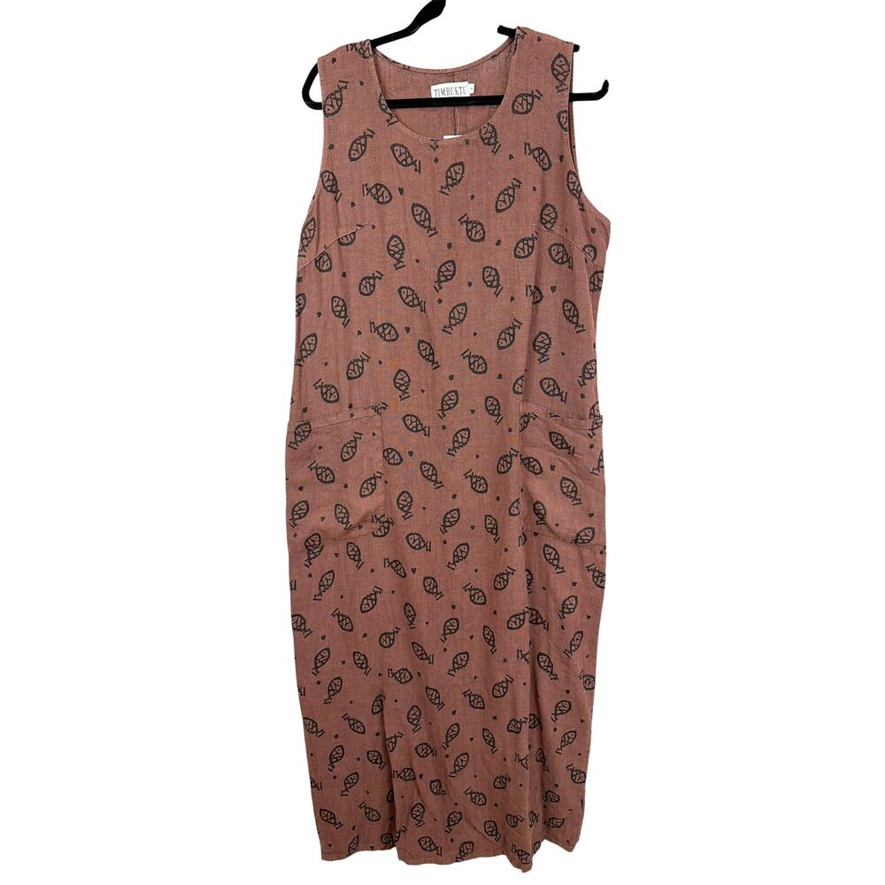 Vintage NWT Timbuktu Station Brown Black Fish Pattern Linen Maxi Dress Size XL